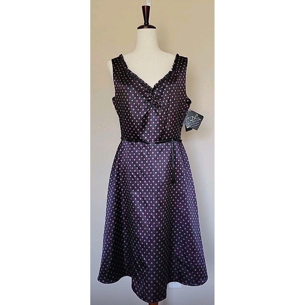 Vtg Rampage Fit N Flare Midi Dress Sz 10 Pink Polka Dots Satin Bow Y2K 90s NWT